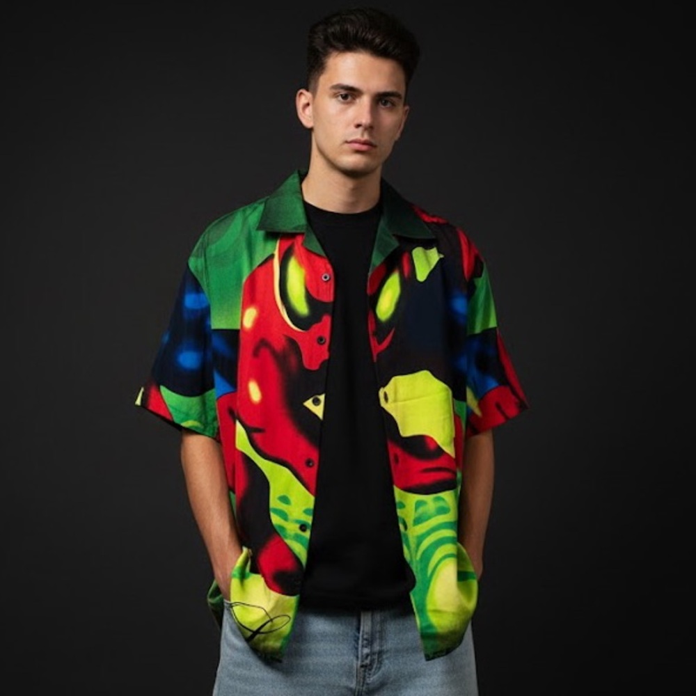 Vibrant Multicolor Spiderman Graphic button up top